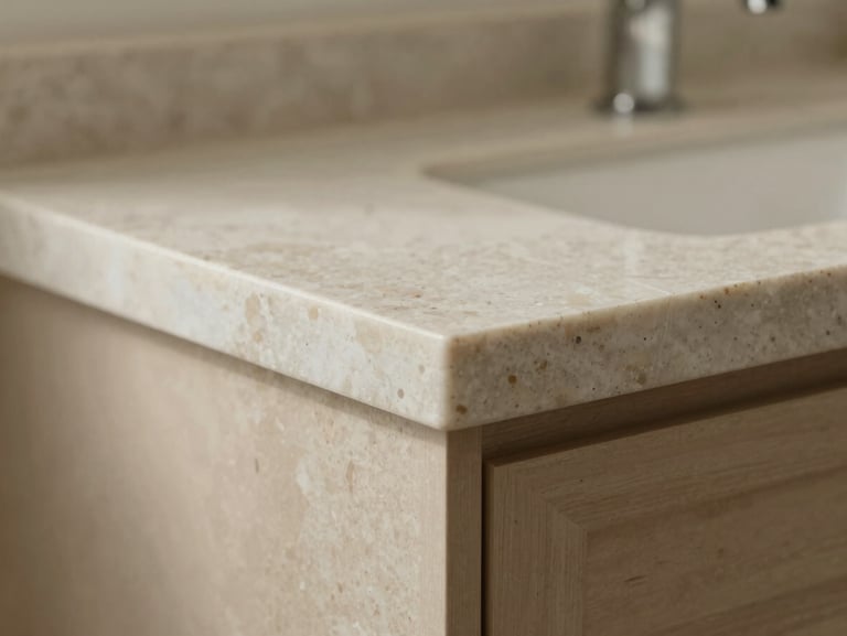 Close-up of a mitered corner joint on a solid quartz vanity countertop, clean architectural lines, warm travertine background, soft side-lighting.