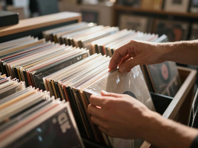 Hands arranging vinyl records on a table in a record shop lit by afternoon sunlight, warm and tactile, shallow depth of field on the record spines