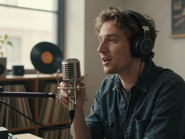 Radio host speaking into a vintage microphone inside a cozy studio, warm window light from the side, vinyl records stacked on a shelf behind, candid in-the-moment