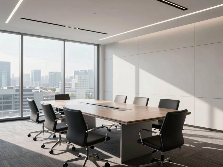 A professional architectural portrait of a modern corporate boardroom with clean lines and structured seating, bright daylight, no people.