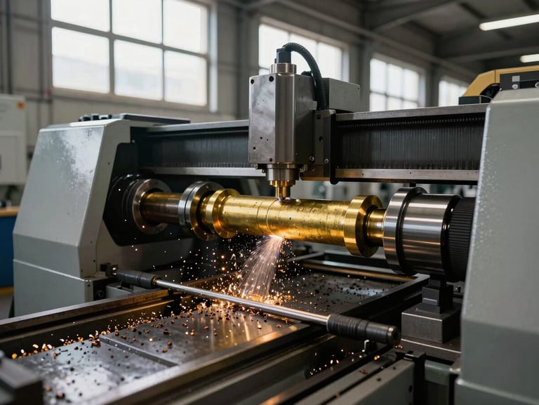 Wide factory floor shot showing a CNC turning centre mid-operation on a brass rod billet, chips curling off under north-facing daylight from high clerestory windows, machine coolant catching the light, warm brass colour against grey steel machinery.