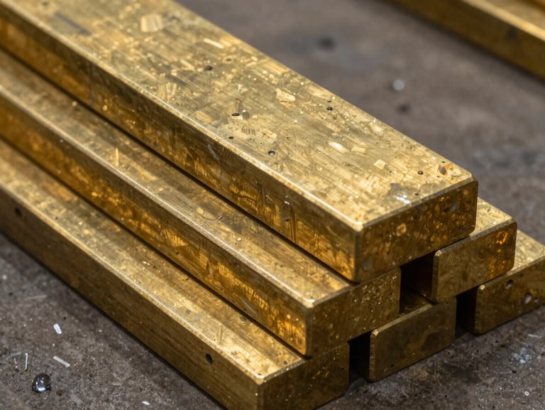 Extreme close-up of stacked brass billets and ingots on a factory floor, overhead 45-degree angle, warm studio strobe lighting revealing the crystalline grain and rich amber surface of the cast metal, concrete surroundings, no people