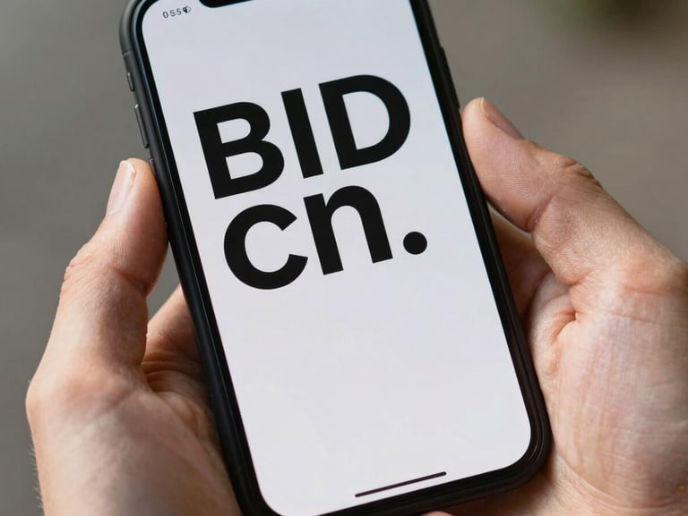 Close-up of a hand holding a mobile device in bright daylight, showing a clean, high-contrast user interface with large readable typography.