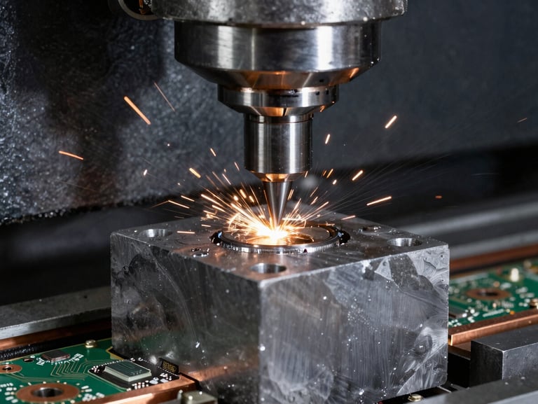 Industrial CNC machine milling a heavy steel block, bright sparks, coolant spray, sharp focus on the cutting tool, high contrast technical lighting