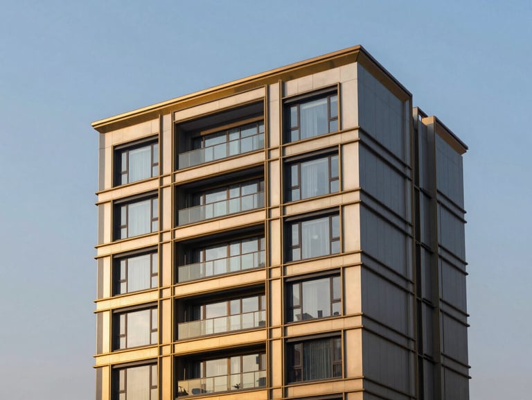 Twilight architectural photography of DLF Magnolias exterior, clean geometric lines, champagne gold accents, 35mm