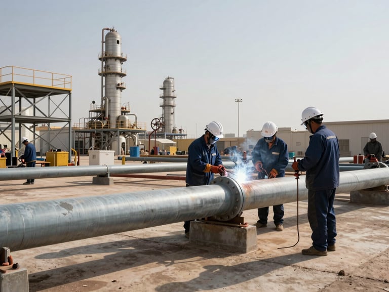 Wide worksite shot of three welders in full PPE and hardhats positioned along a large-diameter pipe run at an Iraqi refinery, natural daylight from the left, steel scaffolding and industrial equipment visible in background, concrete ground, late-afternoon light casting long shadows