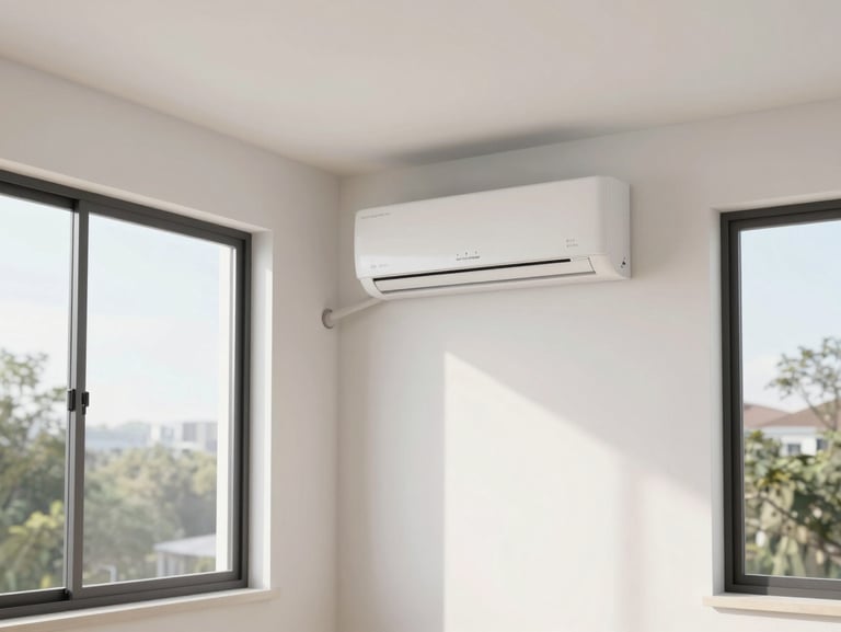 Wide shot of a clean residential room with a newly installed split AC unit on the wall, bright natural daylight through large windows, no people visible, neat white walls and minimal furniture showing a finished professional installation