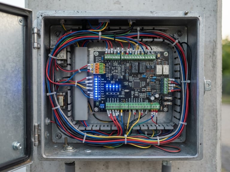 Sharp technical close-up of clean wiring inside a modern gate control panel, electric blue indicator lights, metallic casing, high detail, 35mm