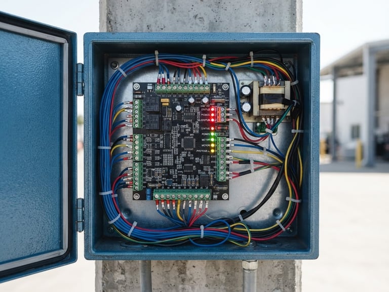 Sharp technical photography of clean wiring and illuminated diagnostic LEDs inside an open automatic gate control panel, bright natural daylight, metallic blue tones, high detail, 35mm.