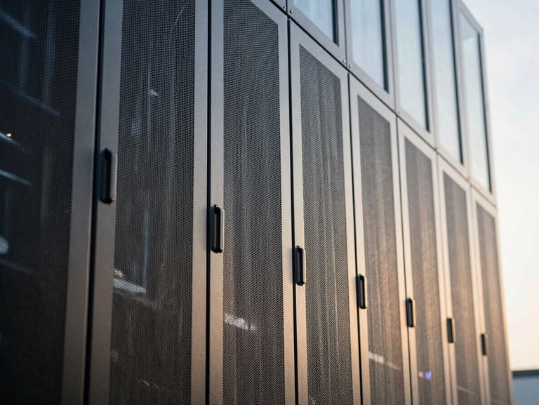 Macro detail of modern concrete and glass server facility facade, architectural lines reflecting cool morning light, structured composition.