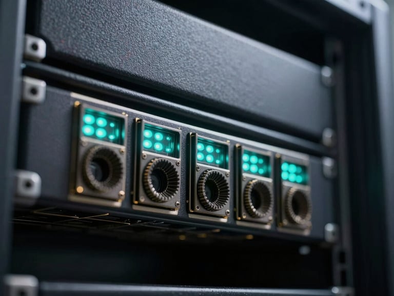 Extreme close-up macro of server rack nodes with glowing teal indicator lights in a dark, high-contrast clean room environment.