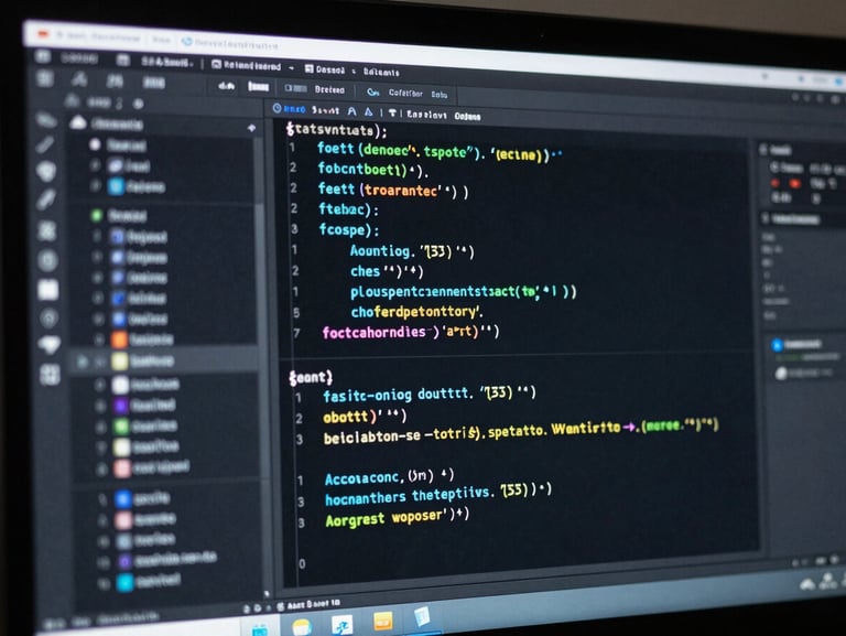 Macro shot of a high-resolution monitor displaying a clean code editor with teal syntax highlighting, dark background, shallow depth of field.