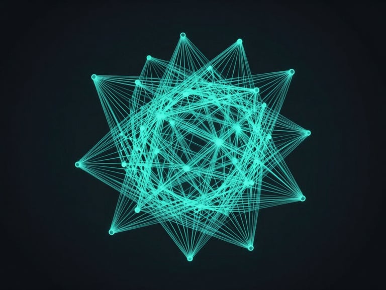 Abstract 3D wireframe of a complex secure network topology, glowing teal lines on a deep charcoal black background, clean technical aesthetic.