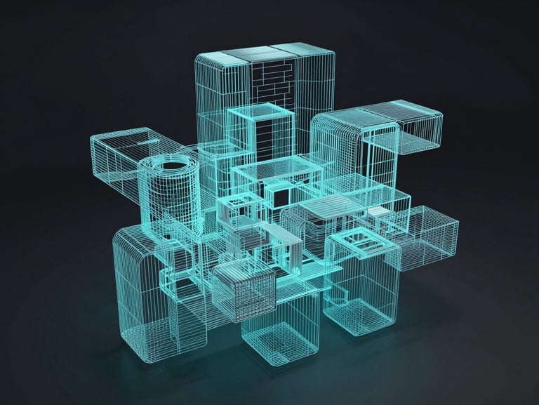 Abstract 3D wireframe render of complex architectural data structures, illuminated in cool cyan and teal tones against a deep charcoal background.