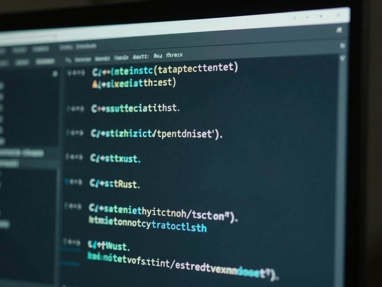 Extreme close-up macro shot of a high-resolution monitor displaying clean C++ and Rust code, selective teal ambient glow, dark studio background.