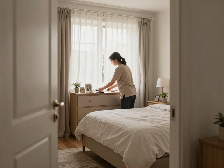 Wide shot of a tidy, lived-in bedroom from the doorway, afternoon light through sheer curtains, a caregiver seen from behind straightening items on a dresser, personal photographs and a small plant visible on the surface, warm neutral tones
