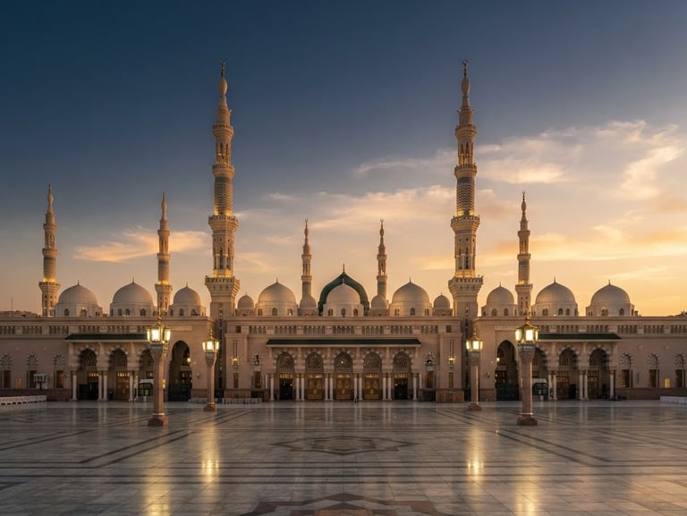 Majestic symmetrical architectural view of the Prophet's Mosque in Madinah during golden hour, elegant minarets stretching into a deep blue and warm gold sky, luxury editorial travel photography, cinematic composition, 35mm, no people.