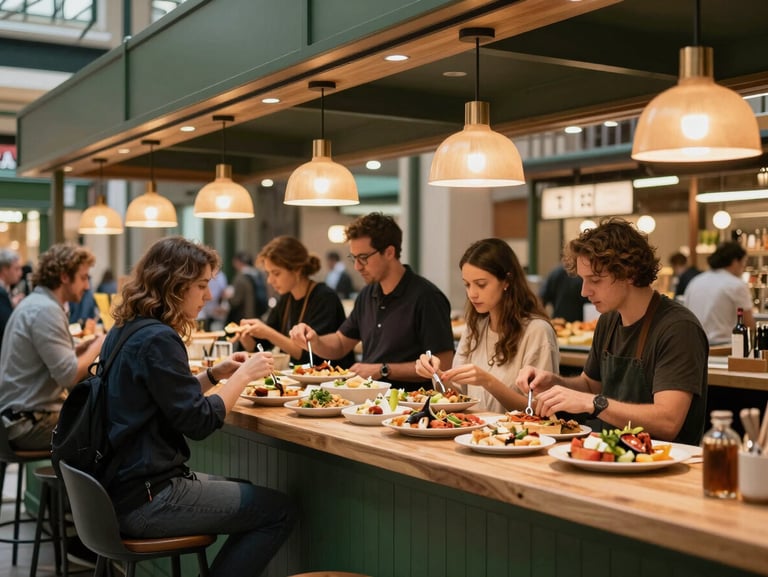 Modern bustling indoor food market with warm hanging lights, people sharing tapas at a wooden counter