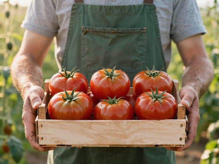 An organic farmer holding a crate of fresh heirloom tomatoes, dirt on hands, warm morning sun, depth of field