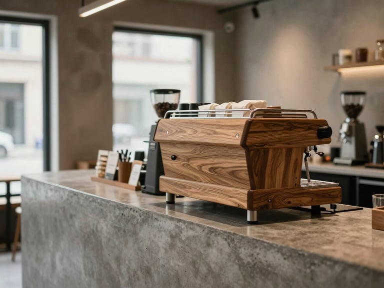 Boutique coffee shop interior, clean concrete counters, warm oak wood, espresso machine in soft focus, landscape aspect