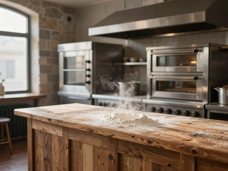 Artisanal bakery kitchen, stainless steel ovens, flour dust in morning light, rustic wood display, landscape aspect