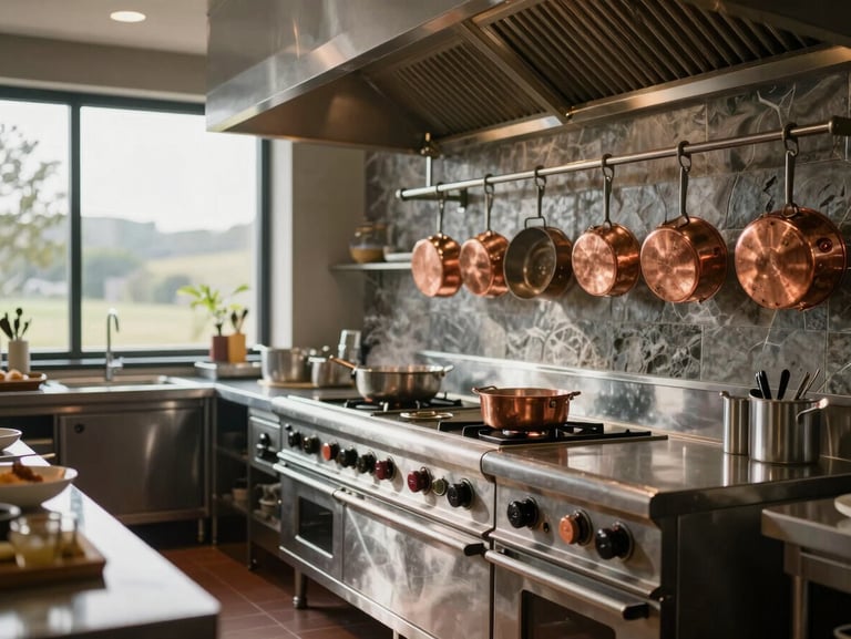Professional hotel kitchen, clean stainless steel surfaces, copper pots hanging, organized prep stations, landscape aspect