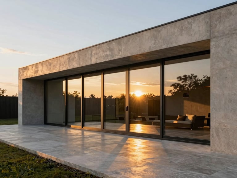 Minimalist modern residence with raw concrete walls, large floor-to-ceiling glass windows, warm golden hour light reflecting on a stone patio.