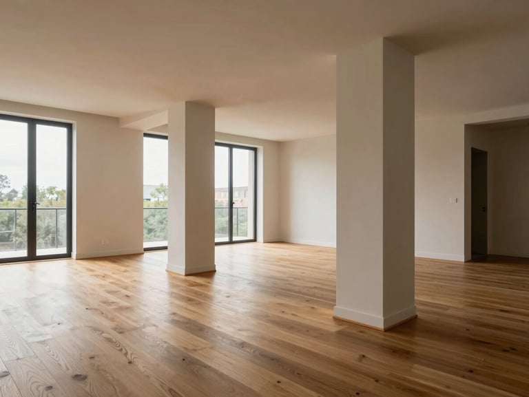 Architectural interior of a high-end apartment, natural oak wood flooring, clean structural columns, soft daylight illuminating the open space.