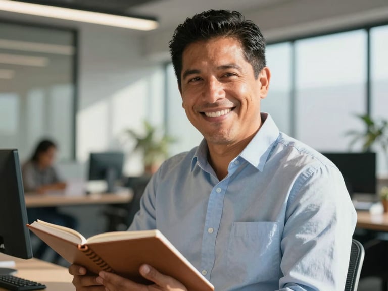 A close-up of a Latin American professional smiling warmly in a sunlit, modern office setting, holding a notebook, looking confident.