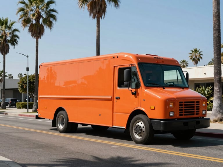 Wide environmental shot of a clean, safety-orange SpeedBox moving truck parked precisely on a recognizable Los Angeles street lined with palm trees, bright high-contrast Southern California daylight, sharp shadows.