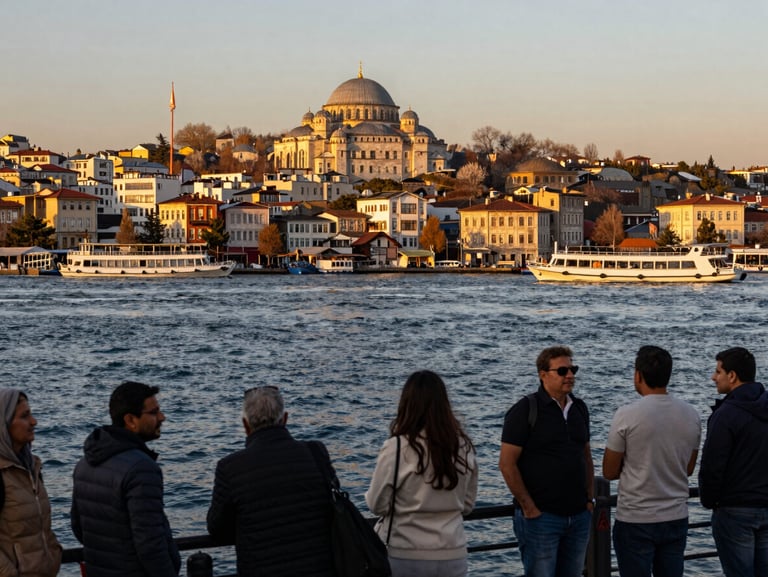 Environmental wide shot of a group of Indian tourists at the Bosphorus waterfront in Istanbul at golden hour, boats on the water, warm light on stone buildings, travelers in conversation in the foreground