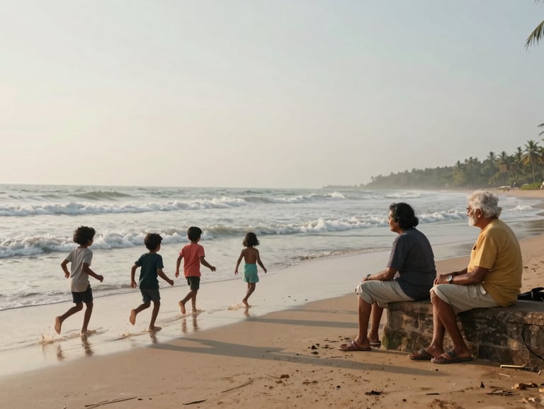 Wide shot of a multi-generational Indian family at a beach in Goa, soft late-afternoon light, children running toward the water, elders seated on a low wall in the shade, relaxed candid framing