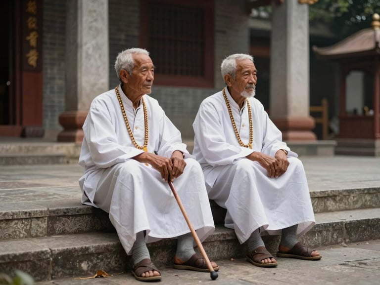 Close environmental shot of two elderly pilgrims seated on stone steps at a temple courtyard, hands resting on walking sticks, afternoon light diffused by an overcast sky, temple columns visible in soft focus behind them