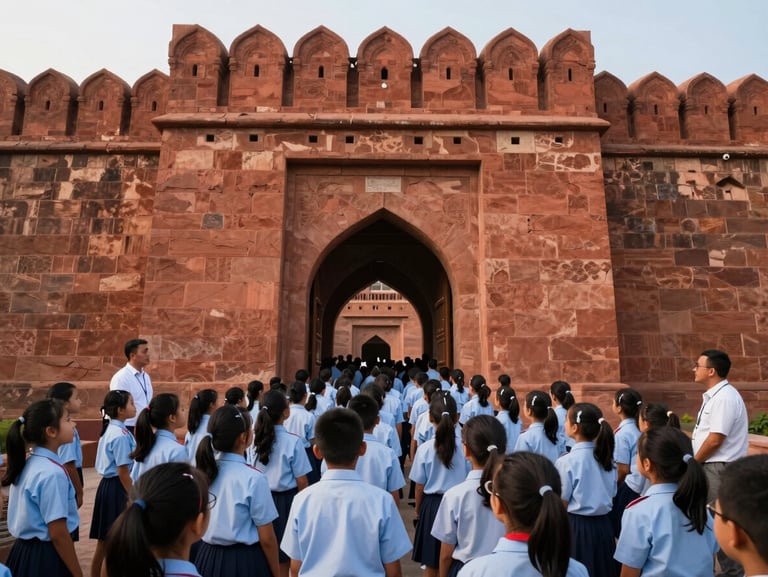 Wide environmental shot of a school group of students gathered outside a red-sandstone fort entrance, soft daylight, teachers visible at the edges, children in uniform looking up at the architecture