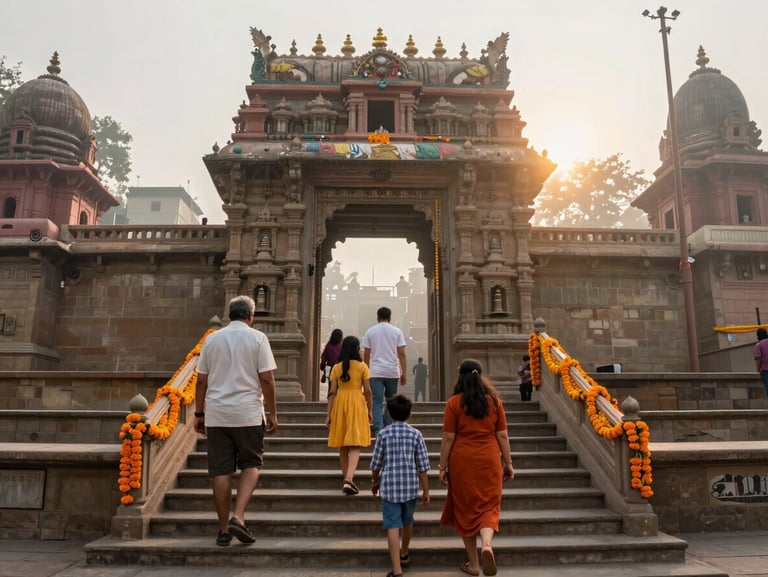 Close wide shot of a family group ascending stone steps toward a sunlit temple gate in Varanasi, soft morning light, marigold garlands visible on the railings, gentle haze over the Ganges in the background
