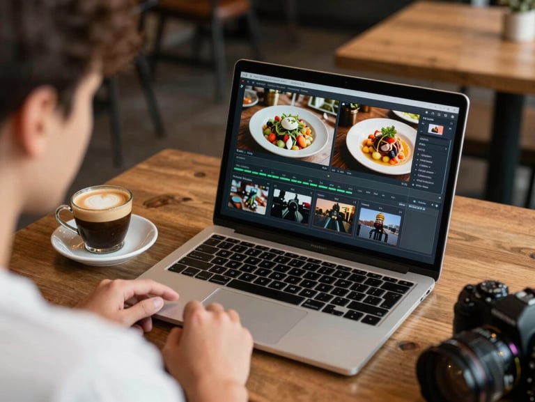 Over-the-shoulder shot of a photographer editing a high-contrast food video on a laptop in a cozy cafe, a warm espresso nearby.