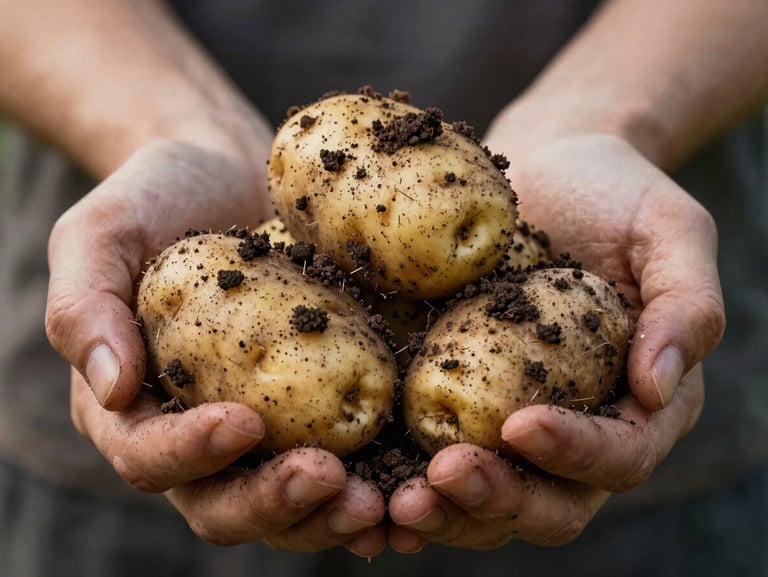 Close-up of hands holding freshly harvested heritage potatoes covered in rich dark soil, natural low-contrast lighting.