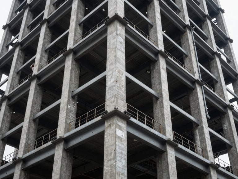 High-contrast structural view of a commercial tower featuring heavy steel framing and raw concrete pillars.