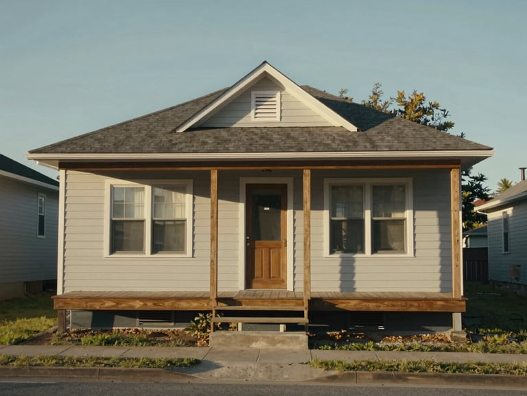 Wide environmental shot of a modest two-story house exterior, afternoon light casting soft shadows across a wood-trim front porch, quiet residential street visible at the edge of the frame, no people, honest documentary framing