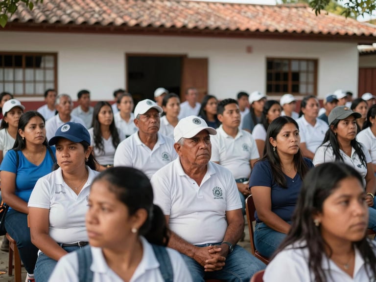 Comunidad de la vereda San Isidro reunida en asamblea general dentro de la escuela veredal, rostros atentos bajo luz natural