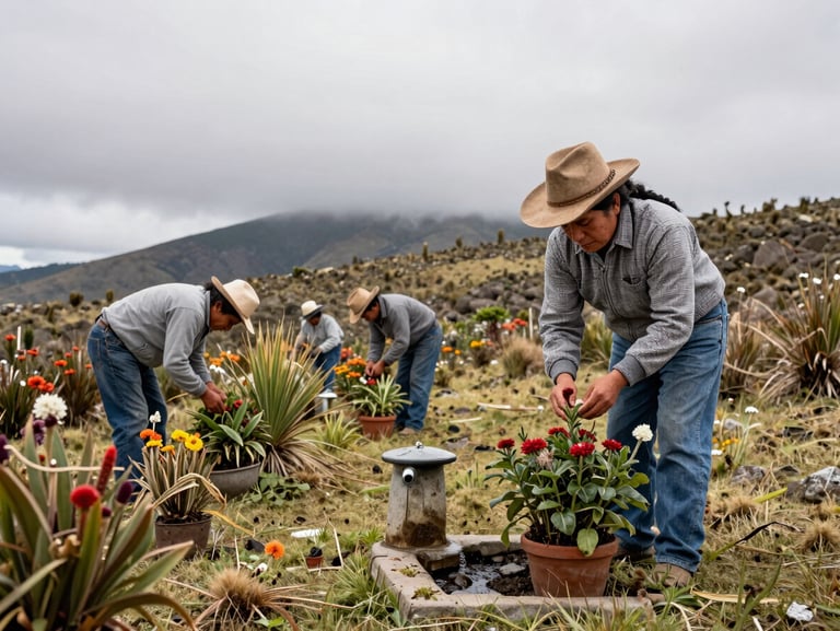 Vecinos de Tasco sembrando frailejones y plantas nativas cerca de las fuentes de agua del páramo, día andino nublado
