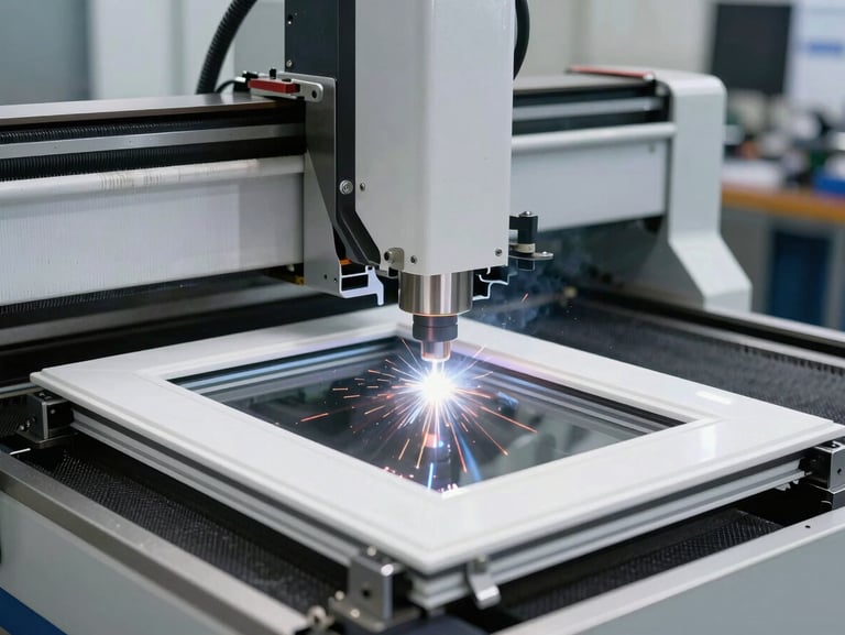 Medium shot of an automated CNC corner welding machine fusing a white uPVC window frame, precise mechanical clamps visible, clean industrial lighting.