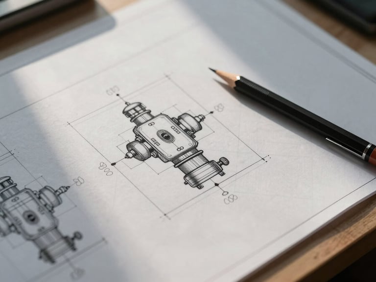 Close-up overhead of a technical drawing table: precise CAD linework on a large-format sheet, a mechanical pencil resting at the edge, soft directional light casting subtle shadows across the drawing, blueprint grid visible in the background