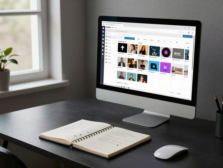 Wide shot of a minimalist desk setup with a large monitor showing a social media content calendar grid, a notebook with handwritten strategy notes beside it, natural window light from the left, clean dark surface