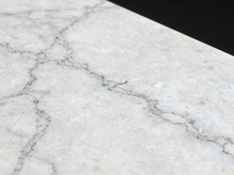 Extreme close-up of Snow White granite slab surface under raking studio light — pure white base with fine grey crystalline veining, polished finish showing high reflectivity, sharp tonal contrast revealing grain depth