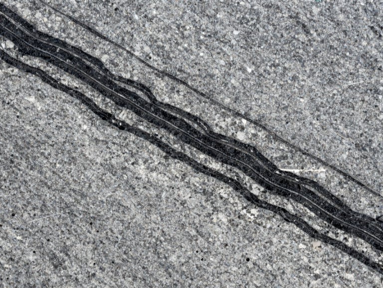 Close-up of Markino granite slab under raking natural daylight — mid-grey ground with bold black and white mineral banding, satin-polished surface, sharp shadow lines across the grain revealing textural variation