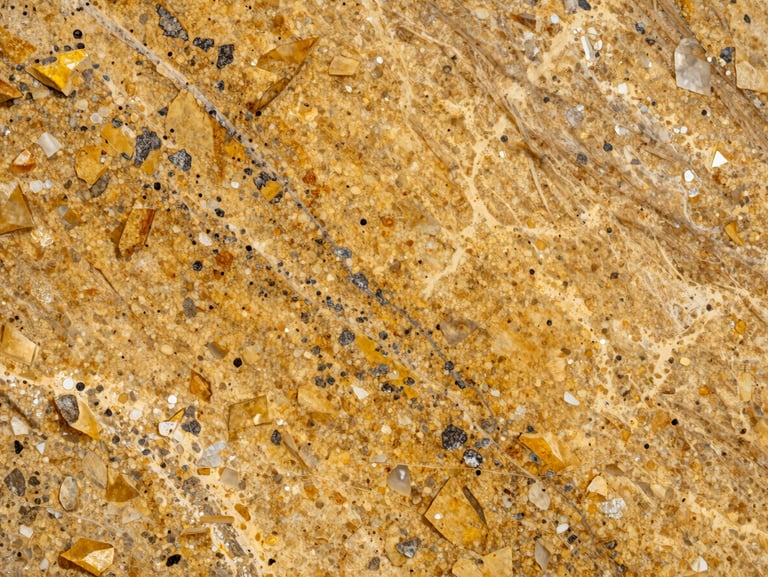 Close-up of Crystal Yellow granite slab under natural daylight — warm amber-gold ground with scattered dark mineral inclusions and white quartz veins, polished surface showing depth and warmth, raking light from the left