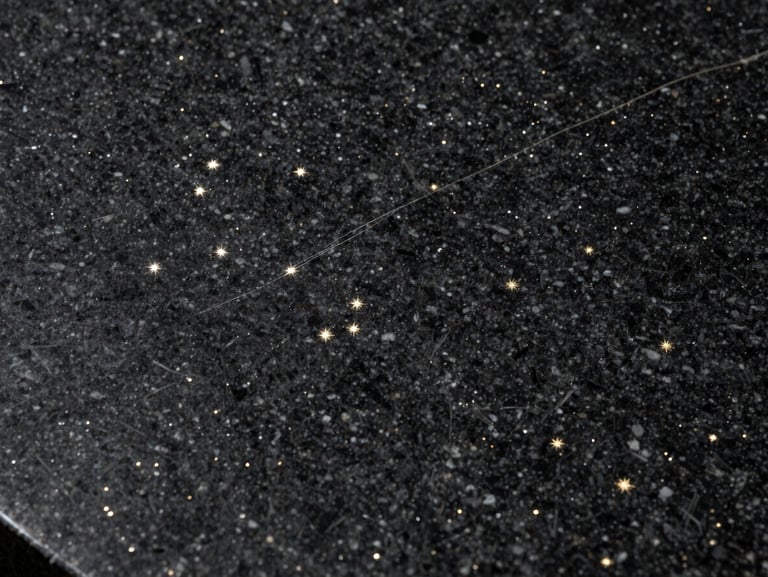 Extreme close-up of Galaxy Black granite slab surface under raking studio light — deep black ground with dense silver and gold mineral star-pattern inclusions, polished finish, light catching the metallic flecks at an oblique angle