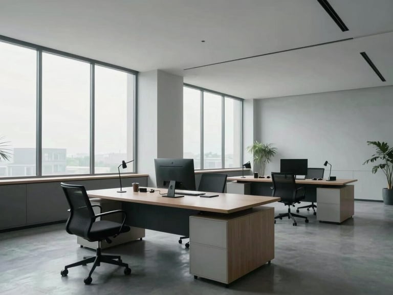 Wide environmental shot of a minimalist, high-end professional workspace with clean lines, natural cool-toned light filtering through large windows, architectural perspective