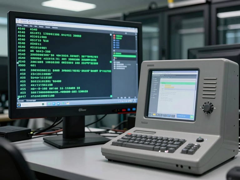 Straight-on documentary shot of a legacy terminal screen running green-text AS400 software side-by-side with a modern slate-gray terminal interface in a cool-lit server room.